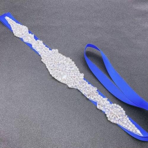 Crystal Wedding Belts Blue Satin Ribbon Sash Belt Rhinestone Wedding Belt For Women Bridal Waist Jewelry Decoration