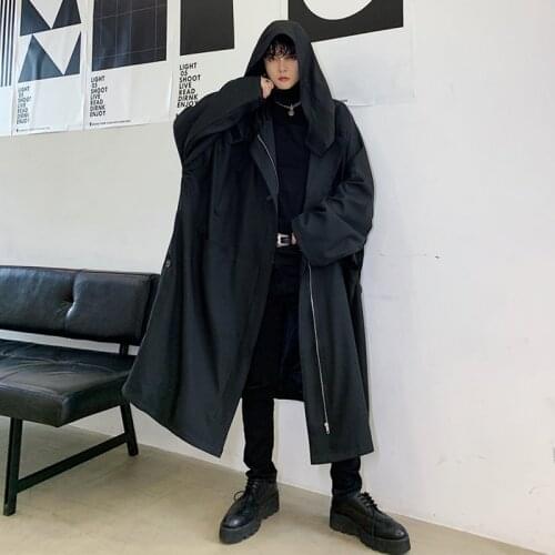 Mens windbreaker Spring new mens oversize loose mid-length hooded windbreaker trendy mens hip hop coat big
