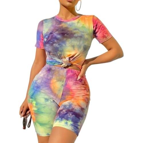 Womens Home Clothes Two Piece Set Fresh Tie-dye Print Short-sleeved Casual Tops and Elastic Tight Shorts Summer 2021