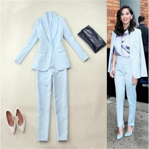 Fashion pants suit female spring fall New high-quality Light blue slim one-button suit + Calf pants Two-piece OL set women