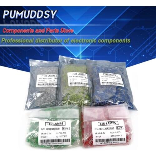 1000PCS Red Green Yellow White Blue 3mm led light-emitting
