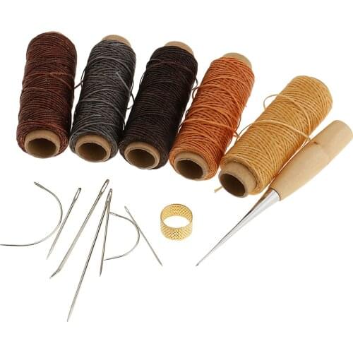 14pcs Curved Hand Sewing Needles with Leather Waxed Thread Cord & Drilling Stitching Awl & Thimble Leather DIY Repair Tool Kit