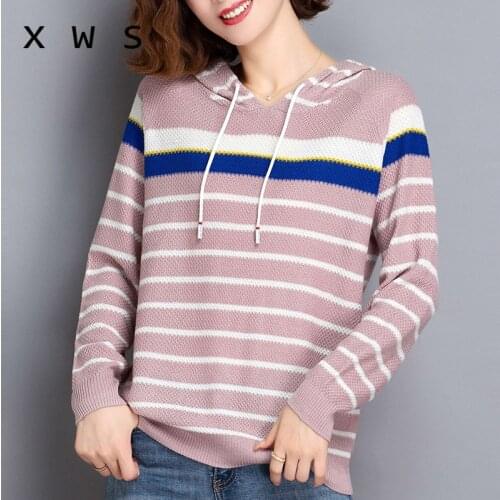 2020 Long Sleeve oversize Women Sweater stripe thick Hooded sweater Pullover Winter Warm female Soft Knitted Sweaters jumper