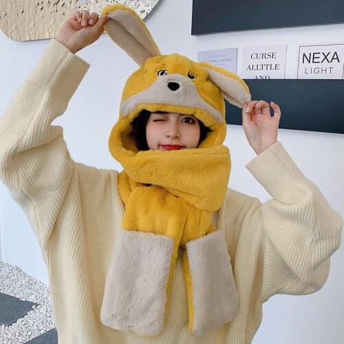 2021 3in1 Hat Gloves Scarf Set With Bear Earflaps Warm Winter Womens Scarf With Cap Faux Lamb Wool Girls Cute Ears Hats Snood