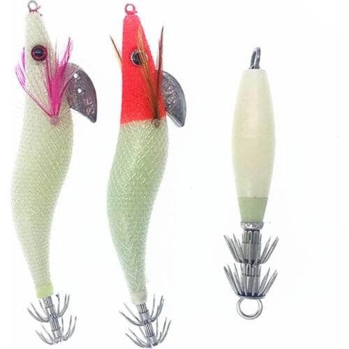 3Pcs Wood Shrimp Lures Squid Cuttlefish Jigs Luminated Sea Fishing Fluorescent Squid umbrella Hook 16g 20g