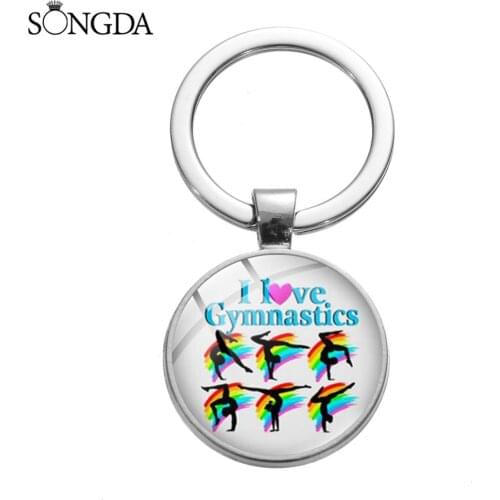Charismatic Gymnast Keychain Cartoon Colorful I Love Gymnastics Art Pattern Glass Cabochon Key Chain Ring Gift for Girls