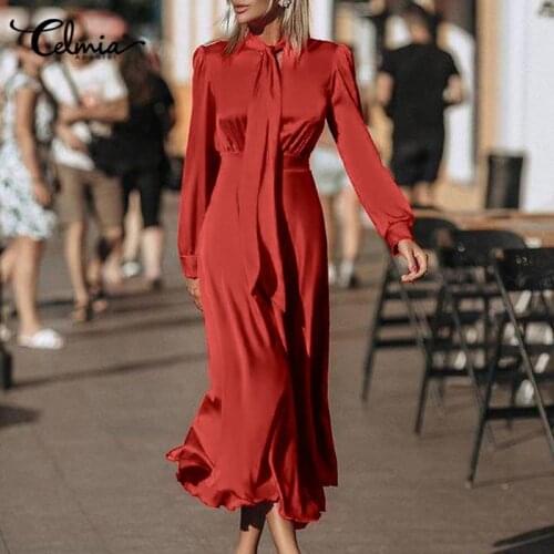 Celmia Women Casual Sheath Maxi Sundress Lady Bow Tie Long Sleeve Satin Silk Vestidos 2021 Elegant Strappy Wrap Kleid Long Dress