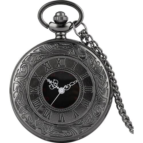 Vintage Charm Black Unisex Fashion Roman Number Quartz Steampunk Pocket Watch Women Man Necklace Pendant With Chain Best Gifts