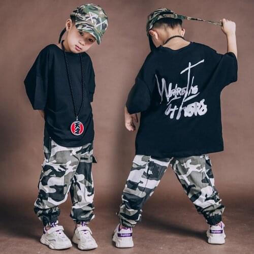 Boys & Girls Hip-Hop Clothing Set Teenager Kids Loose Street Dancing Clothes Children Performance T-shirt Camouflage Pants X513
