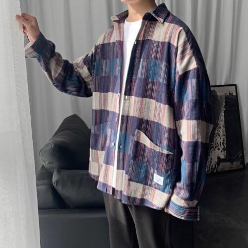 2021 Mens Lattice Printing Hawaiian Shirt Male Long Sleeve Shirt Leisure Student Loose Coat French Cuff Mens Fashion Shirts