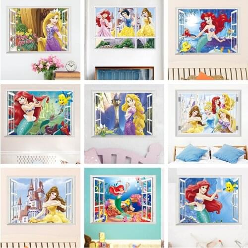 Cartoon Princess 3d Window Wall Stickers For Kids Room Home Decoration Diy Anime Movie Mural Art Girls Wall Decals Pvc Posters