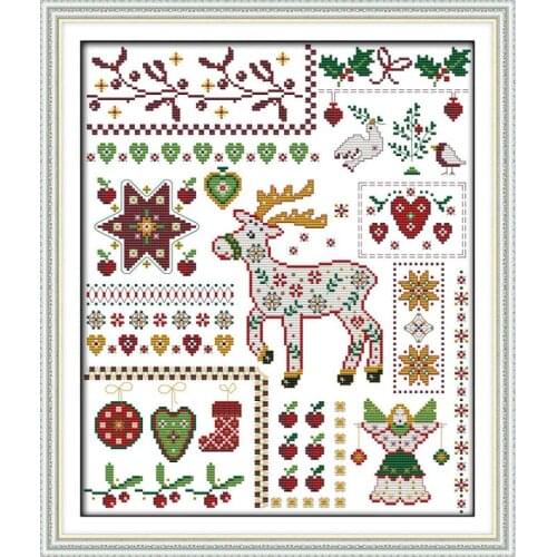 Santa Elk with Dolls Cross Stitch Set DMC Canvas Print 14CT Cross Stitch Kit Christmas Pattern DIY Gift Home Wedding Decoration