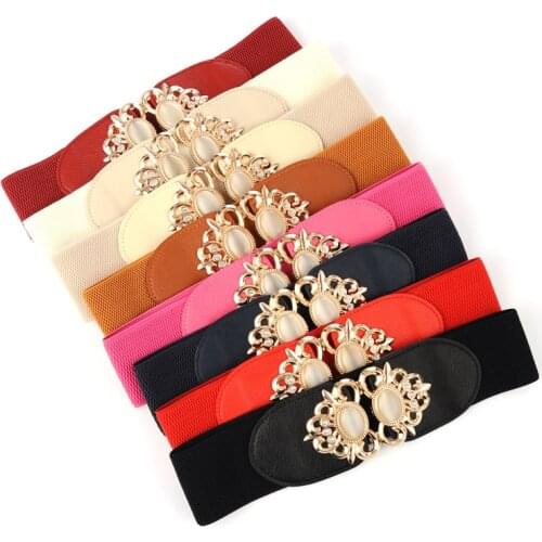 2021 New Women Elastic Wide Belt Thick Vintage Totem Print Stretch Leather Waist Belt for Dress Corset Cinch Waistband 85cm