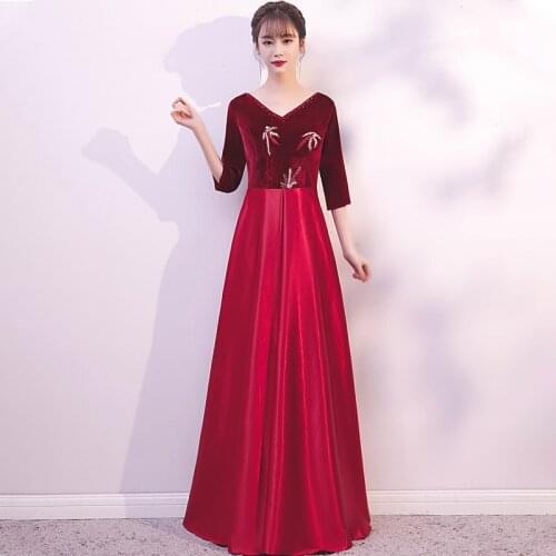 Burgundy Appliques V-Neck Evening Dress Half Sleeves Pleat A-Line Zipper Back New Floor-Length Woman Formal Party Gowns A1312