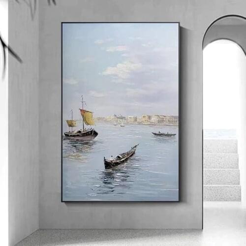 Hand Painted Abstract Oil Painting Wall Art Sailboat Seascape Minimalist Modern On Canvas Decorative For Living Room No Frame