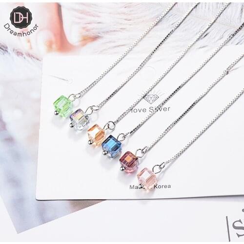 Dreamhonor 925 Sterling Silver Sugar Cube Artificial Crystal Earrings Long Ear Chain Earrings Jewelry