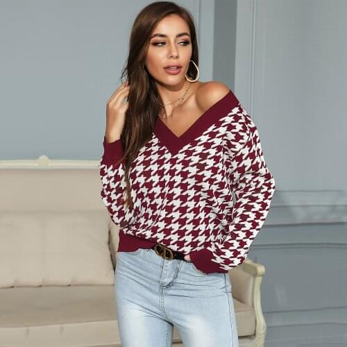 Women Color Block Sweater, Adults Houndstooth Pattern Long Sleeve V-neck Knitwear fall clothes for women tops women 2021 y2k