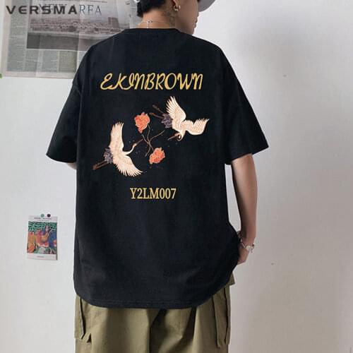 VERSMA Korean Harajuku Chinese Style Crane Print T-shirt Men Summer INS Streetwear Oversize Couple Tshirt Men Women Dropshipping