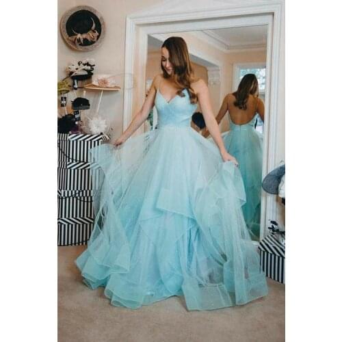 Vkbridal Sexy V-Neck Light Blue Tulle Prom Dresses Long A-Line Party Dresses Corset Back Formal Evening Gowns