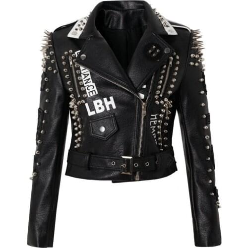Women Faux Leather Short Jacket Women Punk Style Graffiti Studded Rivet and Chain Fashion High Waist Motor Jackets Y653