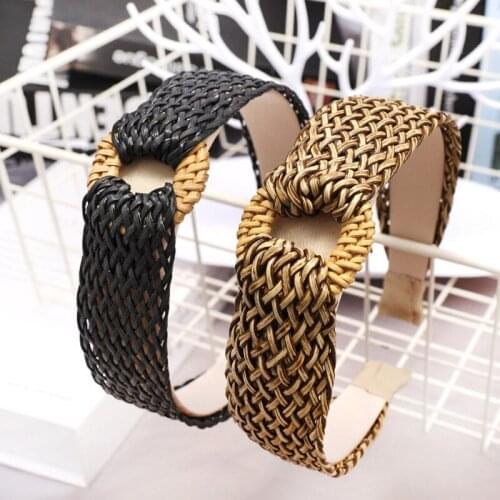 New Handmade Braided Straw Headbands Geometric Grid Rattan Hairband Hair Accessories for women and girls