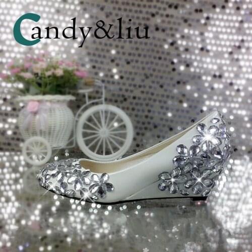 Crystal Flower Wedding Shoes High Heel Wedges Chunky Heels Slip-on Women Pumps for Parry Banquet Evening Dress Handmade