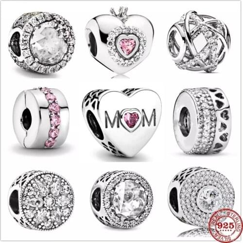 2020 New 925 Sterling Silver Sparkling Clear MOM Heart Spacer Beads Dangle Charm Fit Original Pandora Charm Bracelet Jewelry