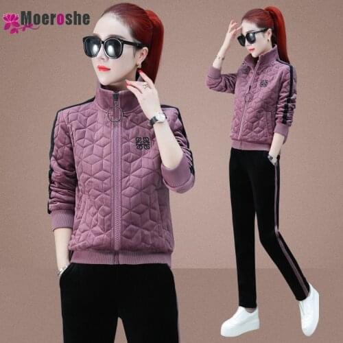 Winter Warm Casual Tracksuit Women Sports 2 Pieces Set Plus Velvet Thickening TtanCollar and Pants OutfitsOversized Suit