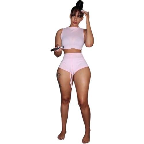 XLLAIS Pink Cotton Ribbed Club Shorts Sets Women Sexy Sleeveless Tank Top And Trousers Tracksuit Outfits Good Stretch Material