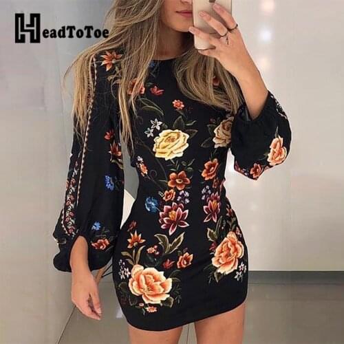 Women Cutout Back Bishop Sleeve Floral Bodycon Dress Ladies Printed Summer Holiday Skinny Mini Dress Robe De Femme Streetwear