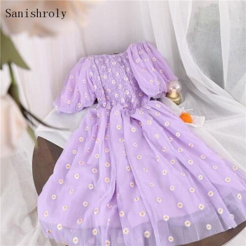 Sanishroly Womens Embroidery Daisy Print Dress Female Slash Neck Puff Sleeve Lace Mesh Dresses Lady Sweet Summer Vestidos S1160