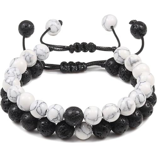 Adjustable 2Pcs/set Beaded Bracelets Natural Lava Tiger Eye Stone White Black Braided Bracelet Gift For Women Men Couple Jewelry