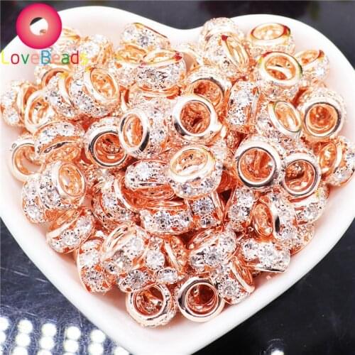 10Pcs Handmade Light Gold Brass Core Crystal Rhinestone Spacer Beads Murano Charms Fit Pandora Bracelet Bangle Keychain Jewelry