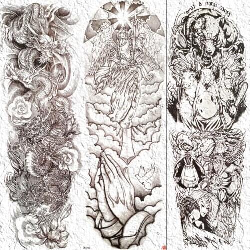 Black Sketch Full Arm Body Art Temporary Tattoo Sticker For Women Angel Goddess Tatoos Waterproof Body Art Fake Dragon Tattoos