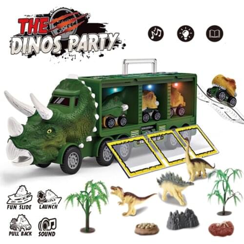 Dinosaur Transport Truck Pull Back Dino Car Vehicle Container Storage Model Lighting Music Kids Toys Boys Children Birthday Gift