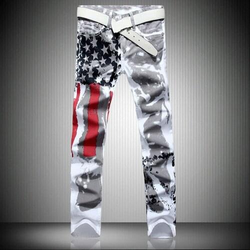 Mens White American Flag Printed Jeans High-elastic Slim Casual Five-pointed Star Red Strips Plus Size Trousers 41 42 43 44