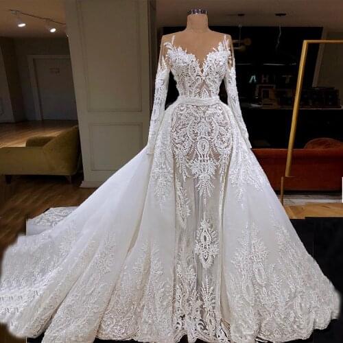 Delicate Customized Full Lace Detachable Mermaid Wedding Dresses 2020 New Fashion Long Sleeve Bridal Wedding Gowns Sheer Neck