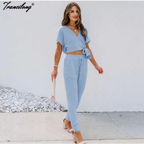 Pockets Casual Short Sleeve 2 Piece Sets Women V-neck Hoodies Crop Top Lace Conjuntos Deportivo Mujer Soild Pants Suits Outfits