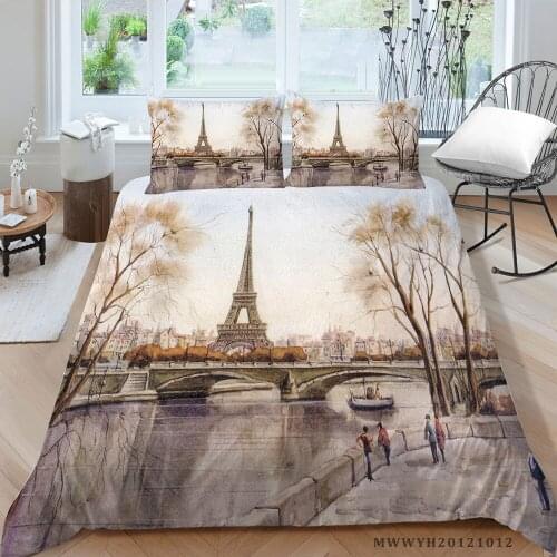 Hot Sale Bedding Set Eiffel Tower Artistic Fashion Duvet Cover Queen Single Double Twin Full King Bed Set Oil Painting