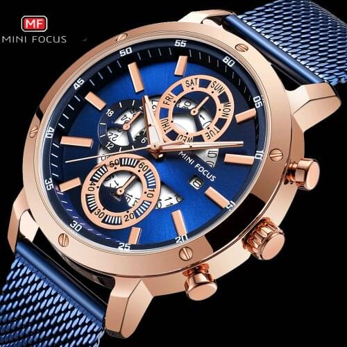MINIFOCUS Casual Men Sports Watches Top Brand Luxury Quartz Watch Men Mesh Strap Waterproof Chronograph Ultra Thin Wristwatch