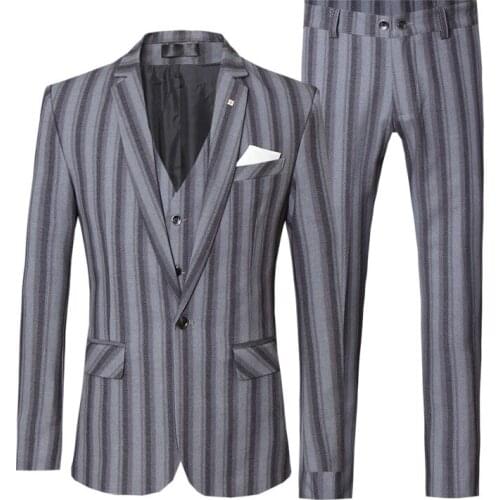 Slim Suits Men Stripe 3-Piece Single Breasted One Button Wedding Groom Business Party Prom Office Work Daily Life Blue Red Gray