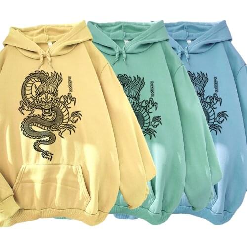 Autumn and Winter Candy-Colored Sweatshirt Couples Black Dragon Printed Pattern Hooded Oversized Crewneck Tops