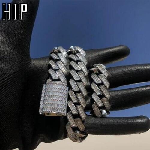 Hip Hop 15MM Baguette Bling Box Buckle Iced Out CZ Prong Copper Setting AAA+ Cubic Zirconia Stones Necklace For Men Jewelry