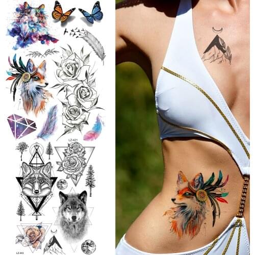 REJASKI Tribal Fox India Rose Leaf Temporary Tattoos For Women Sticker Feather Diamond Galaxy Fake Tatoos Art Custom Tattoo