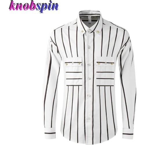 Double Pockets Shirt men long sleeve 100% pure Cotton Business male Slim Shirts Plus size M-4XL Casual Striped Camisas masculina
