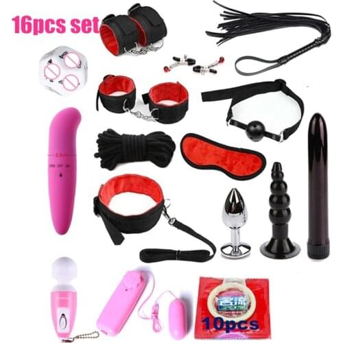 20 Pcs Sex Toys for Woman Adult Games Handcuffs Whip Mouth Gag Rope Metal Butt Plug Bdsm Bondage Set Bead Anal plug Vibrator