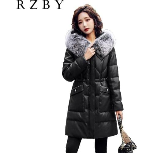Women Leather Genuinel Jacket Winter Duck Down Jacket Hooded Fox Fur Collar Real Sheepskin Coat Veste Cuir Femme RZBY337