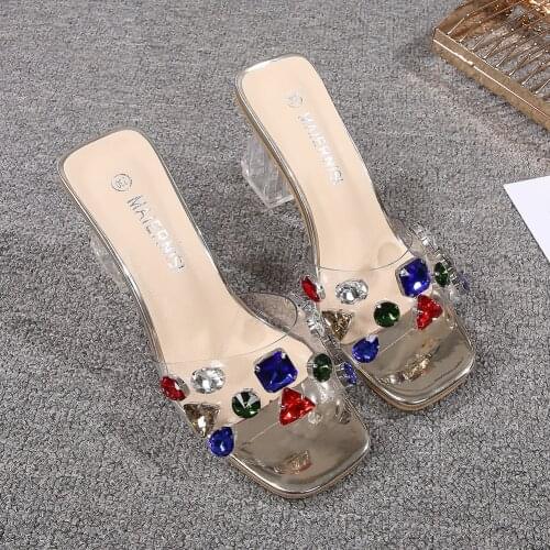 Womens Open Toe Rainbow Diamond Crystal PVC Clear Transparent Slipper High Heel Sandals Shoes Plus Size 35-46 New 2021