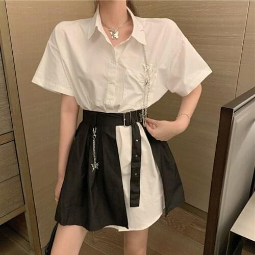 Zoki Designed Women 2 Piece Set Loose Summer Short Sleeve Oversize Shirt High Waist Belt Black Ladies Irregular Chain Mini Skirt