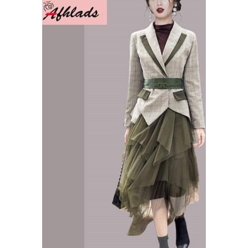 Office Lady Women Long Sleeve Plaid Notched Collar Jackets + Multi-Layered Mesh Skirt Spring And Autumn Fashion Two-Piece Set